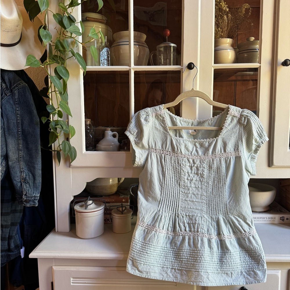 Anthropologie Pale Green Gingham Top